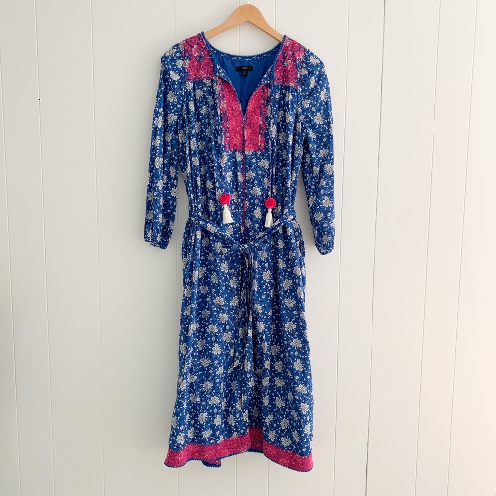 J. Crew Blue Floral Maxi Dress with Pink Embroidery